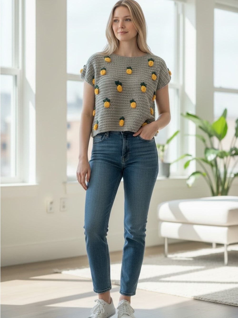 RARE! ZARA 3D PINEAPPLE NOVELTY FRUIT CROCHET BOXY EMBELLISHED SWEATER SMALL